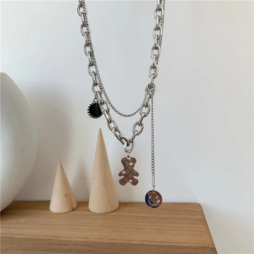 Double-layer Smiley Face Necklace Cool Trendy Street Girl Niche Personality Clavicle Chain Cold Wind Retro Necklace Sets