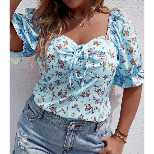 Women Summer Short Sleeve Floral Print Boho Beach Ladies Tunic Tops