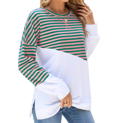 Striped Printed Long Sleeve Round Neck Pullover Split