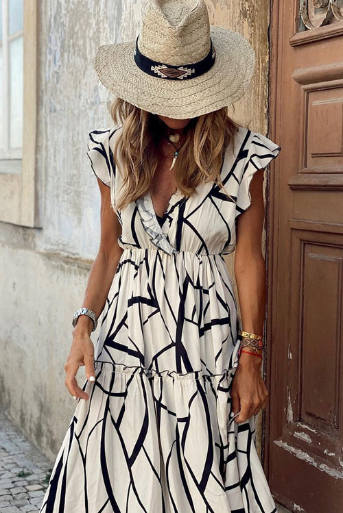 White Abstract Print V Neck Ruffle Maxi