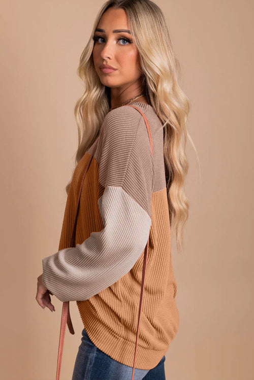 Khaki Color Block Long Sleeve Ribbed Loose