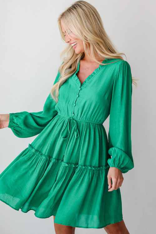 Sea Green Frilly V Neck Puff Sleeve Drawstring Shift Mini