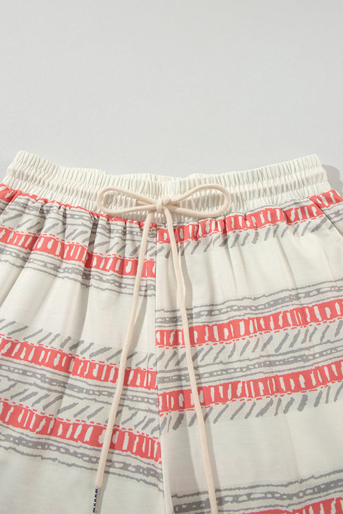 Beige Striped Print Dolman Top & Drawstring Shorts Set