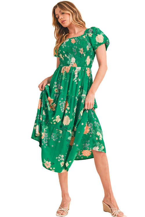 Green Floral Print Bubble Sleeve Smocked Tiered Midi Dress