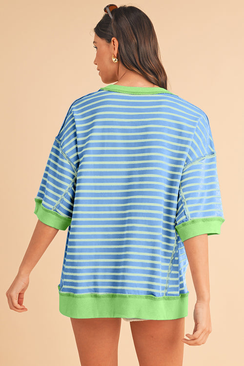 Sky Blue Stripe Contrast Drop Sleeve Loose