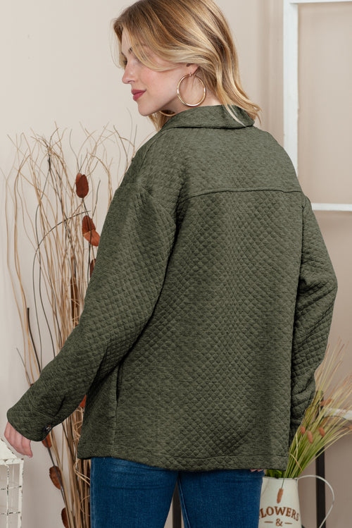 Green Lattice Texture Pockets Button Up Quilted