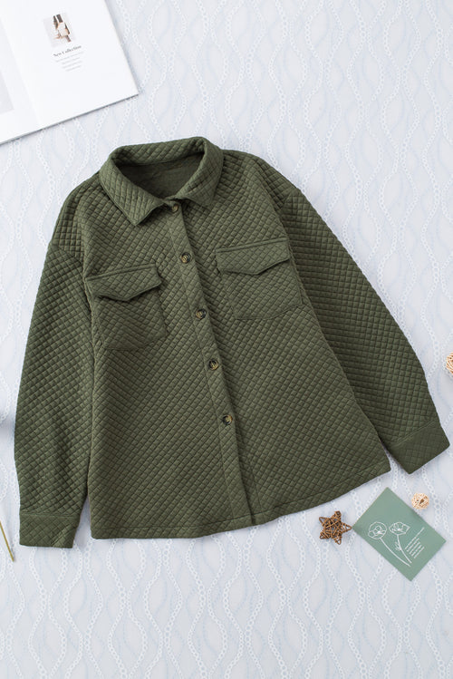 Green Lattice Texture Pockets Button Up Quilted