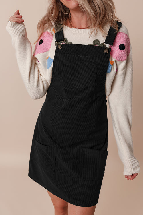 Black Solid Front Pockets Sleeveless Corduroy Overall Dress