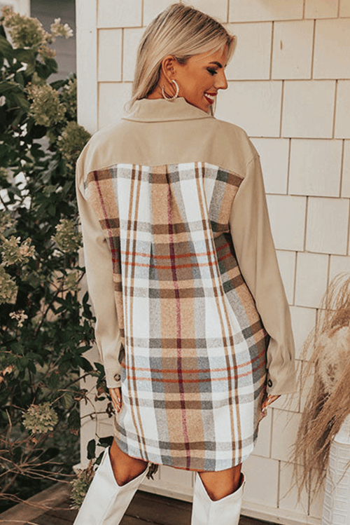 Khaki Plaid Patchwork Long Sleeve Jacket