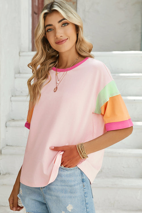 Green Color Block Sleeve Round Neck Oversize