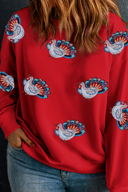 Racing Red Thanksgiving Turkey Patched Graphic Plus Size Sweatshirt