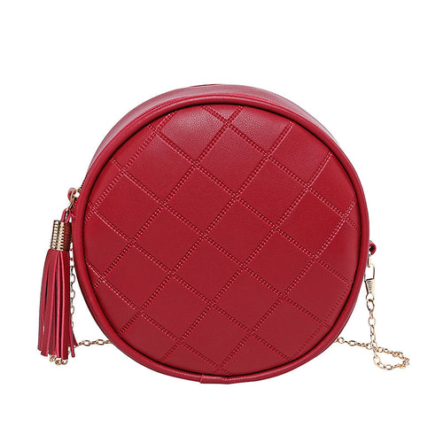 Women Mini Round Bags Solid Color Plaid Shoulder Handbags Women Small Round Tassel Crossbody Bags for Women Purses Clutches