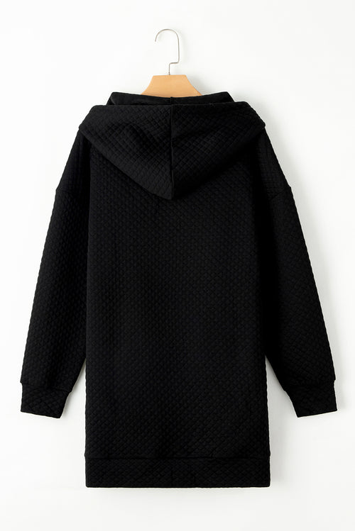 Black Drawstring Kangaroo Pocket Quilted Hooded Dress