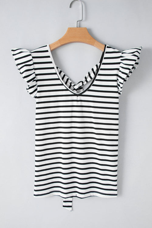 White Stripe V Neck Knotted Backless Ruffle