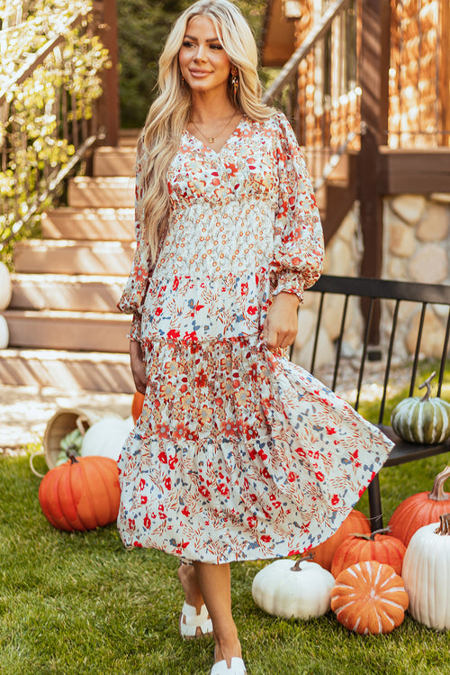 Khaki Floral Print Ruffled Tiered Long Sleeve V Neck Midi