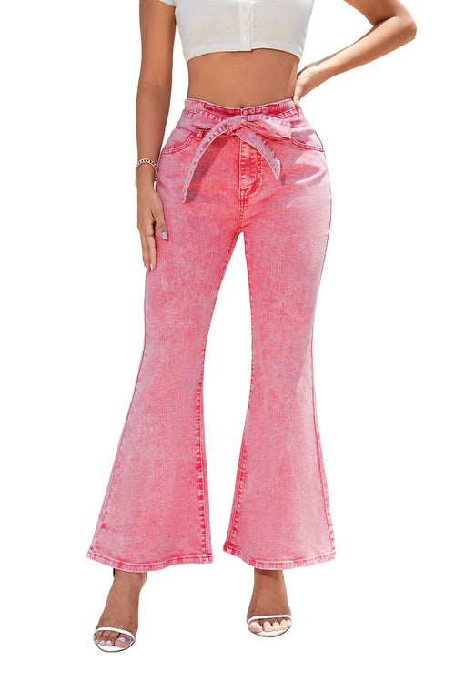 Pink Flare Leg High Waist Front Knot Casual