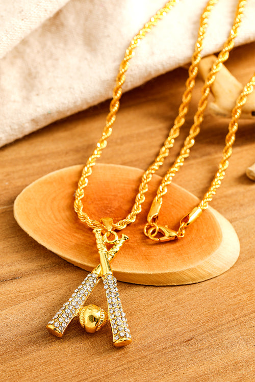 Gold Rhinestone Baseball Bat Pendant Necklace