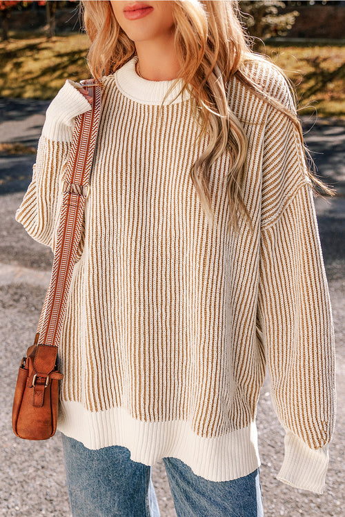 Chestnut Striped Contrast Trim Loose Sweater