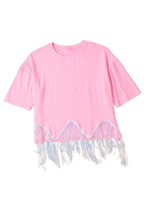 Pink Casual Fringe Sequin Hem Cropped