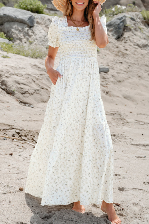 White Frilly Shirred Bodice Tiered Floral Maxi