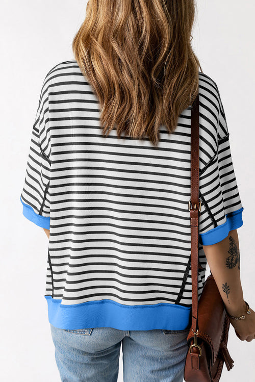 Sky Blue Stripe Contrast Drop Sleeve Loose