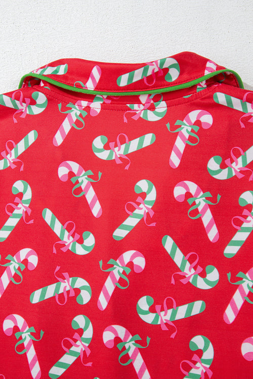 Candy Cane Print Pocketed Knotted Pajama Set