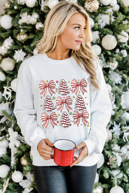 White Christmas Tree Bowknot Heat Transfer Graphic Sweatshirt