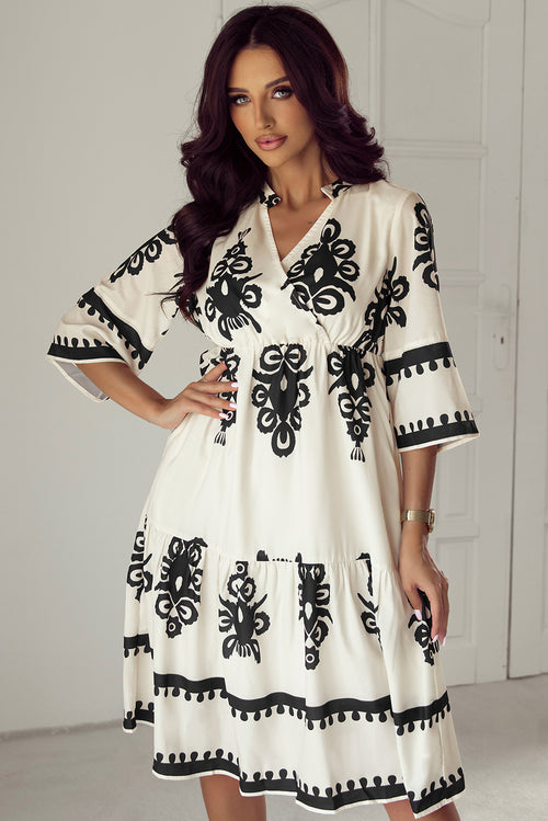 Beige Western Geometric Print 3/4 Sleeve Loose Midi