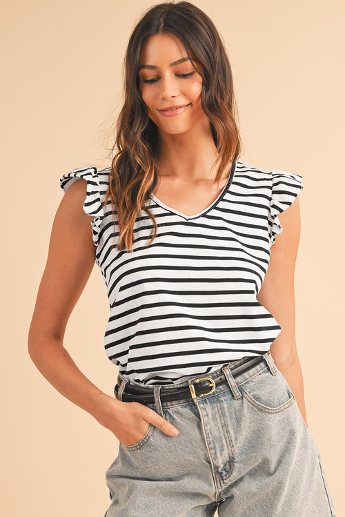 White Stripe V Neck Knotted Backless Ruffle