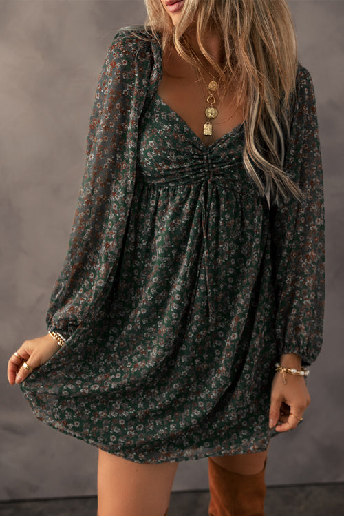 Green Floral Print Sweetheart Neck Shirred Back Mini