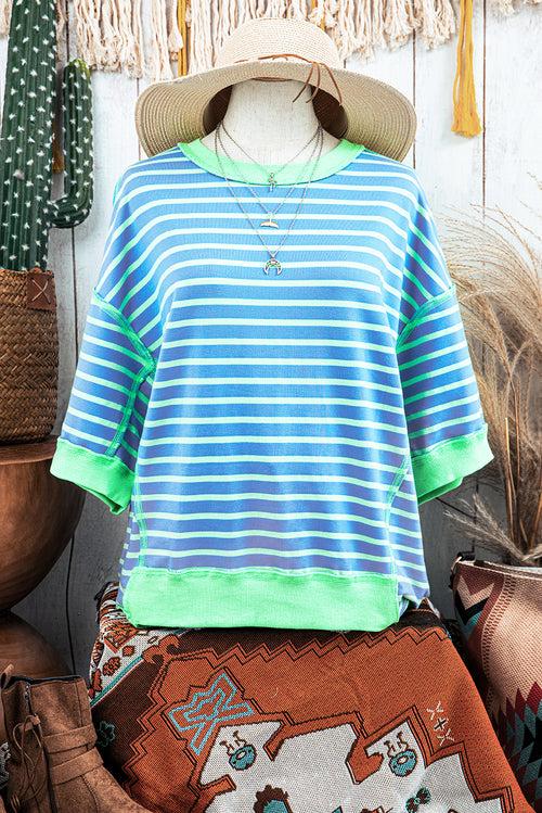 Sky Blue Stripe Contrast Drop Sleeve Loose