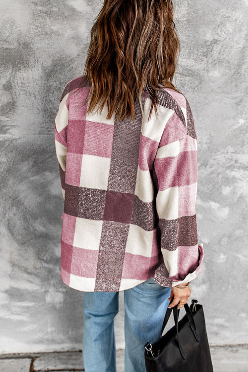 Grey Plaid Color Block Pockets Buttoned