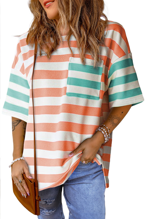 Pink Stripe Patch Pocket Drop Sleeve Slits