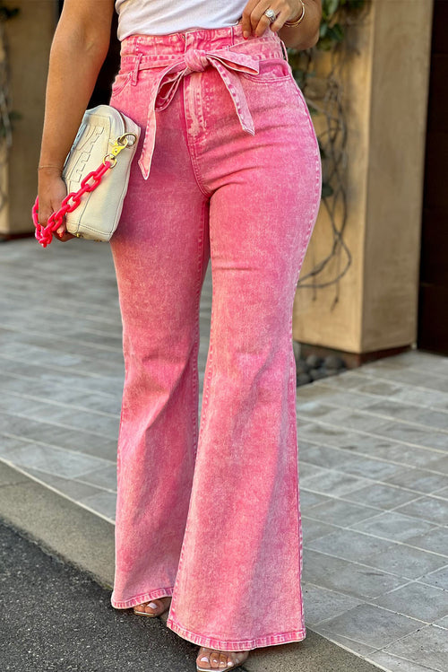 Pink Flare Leg High Waist Front Knot Casual