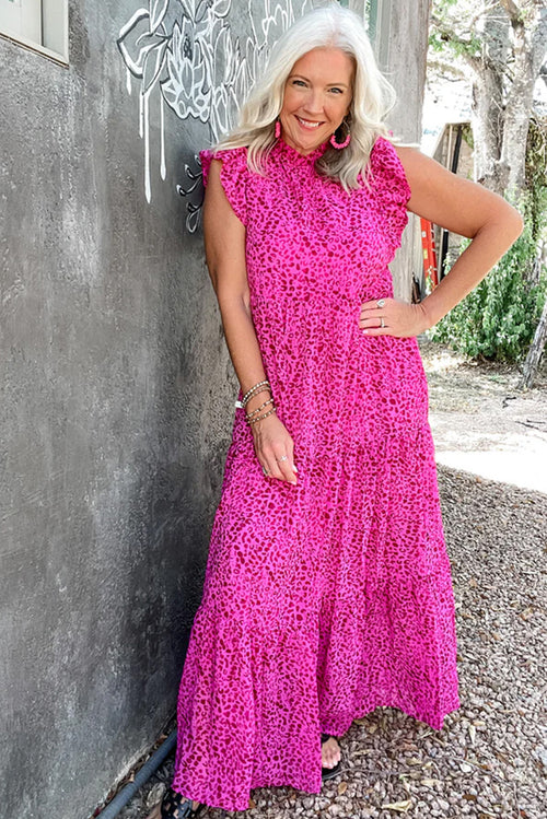 Rose Red Leopard Print Ruffle Sleeveless Maxi