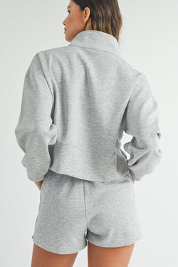 Light Grey Plain Quarter-Zip Pullover Top and Shorts Set