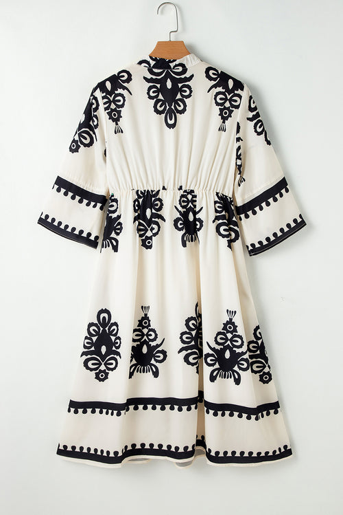 Beige Western Geometric Print 3/4 Sleeve Loose Midi