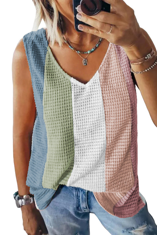 Multicolor Color Block Casual V Neck Waffle Knit Tank Top