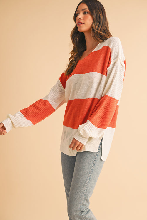 Orange Colorblock V Neck Side Slits Sweater