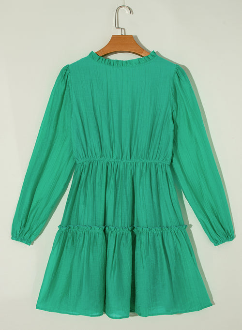 Sea Green Frilly V Neck Puff Sleeve Drawstring Shift Mini