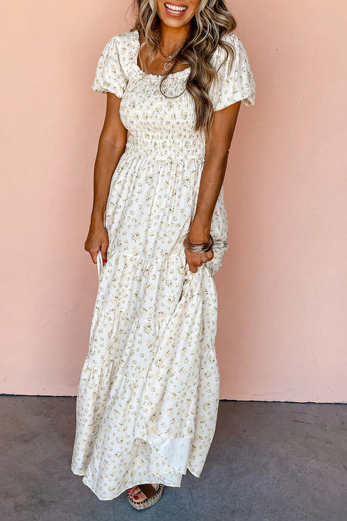 White Frilly Shirred Bodice Tiered Floral Maxi