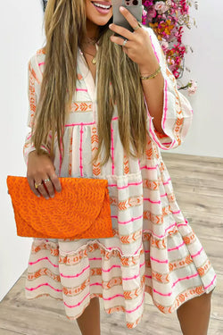 Orange Bohemian Printed Bracelet Sleeve Slit Neck Ruffled Loose