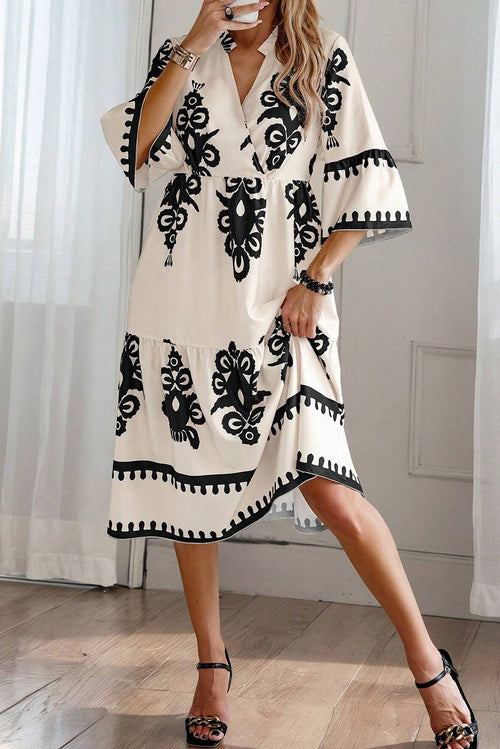 Beige Western Geometric Print 3/4 Sleeve Loose Midi