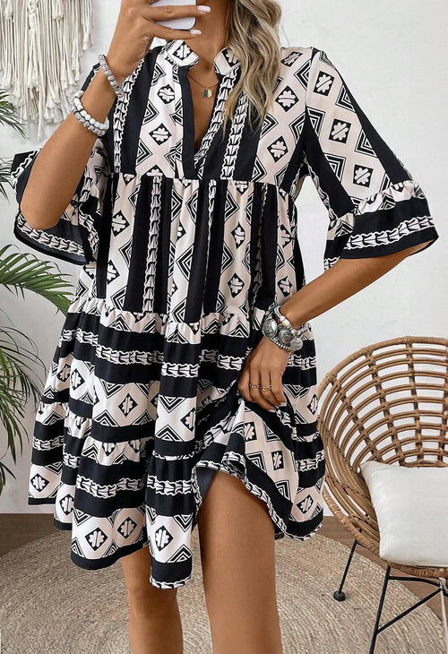 Black Geometric Print V Neck Ruffled