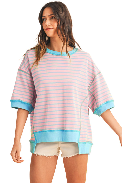 Sky Blue Stripe Contrast Drop Sleeve Loose