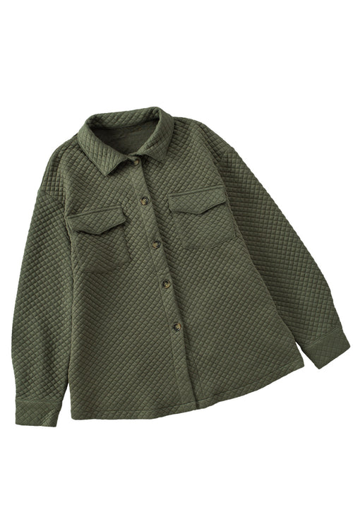 Green Lattice Texture Pockets Button Up Quilted