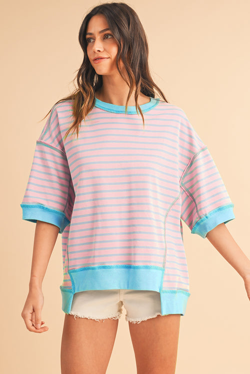 Sky Blue Stripe Contrast Drop Sleeve Loose