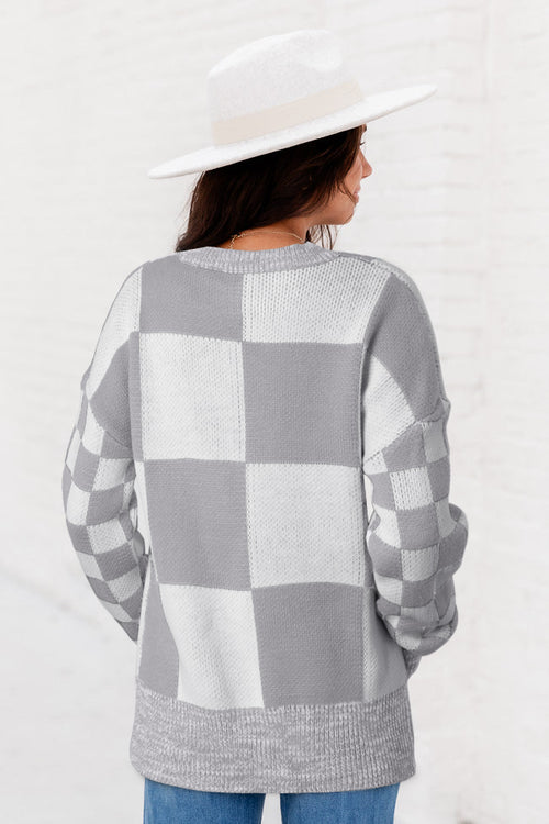 Mint Green Plaid Knitted Drop Shoulder Sweater