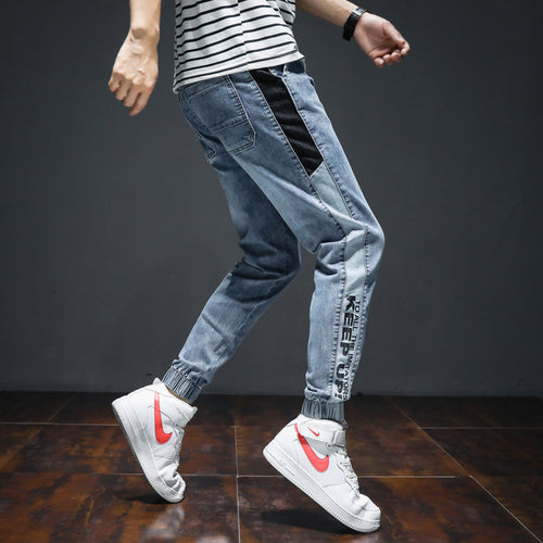 Streetwear Men Blue Color Denim Harem Hombre Stripe Spliced Japanese Style Hip Hop Joggers Jeans