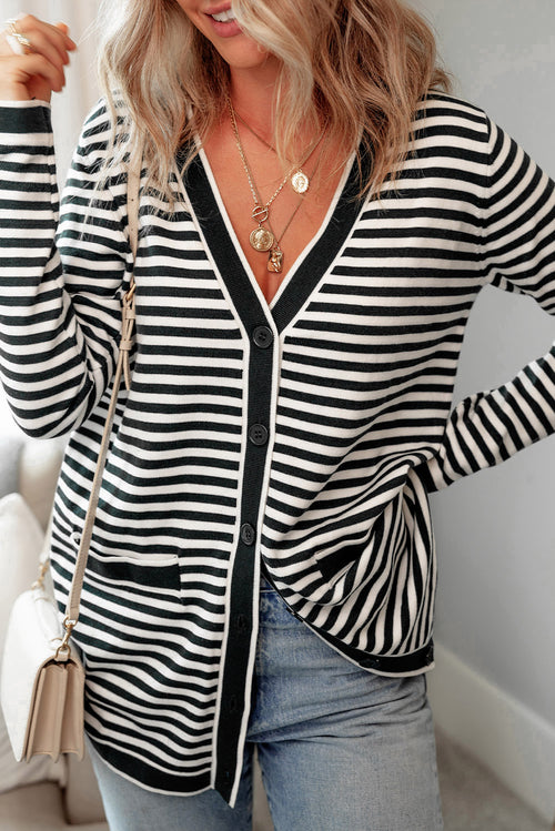 Black Striped Pocketed Button Long Cardigan